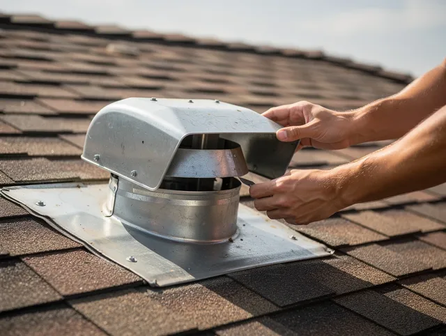 Tiverton Dryer Vent Cleaning certified technician safely cleaning a roof-mounted dryer vent in Tiverton