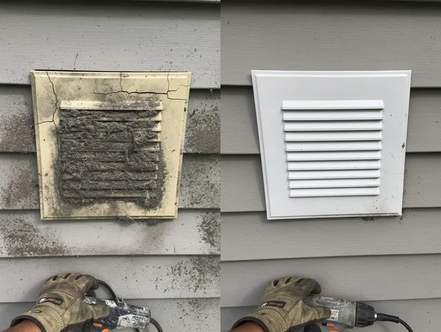 Tiverton Dryer Vent Cleaning technician installing high-quality dryer vent cover at a residential property in Tiverton