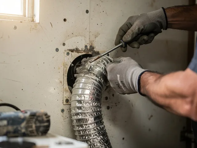 Tiverton Dryer Vent Cleaning technician performing precise dryer vent hose installation in Tiverton